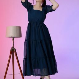 Krunal Raiyani Puff Sleeve Square Neck Tiered Georgette Fit & Flare Dress-picture-23