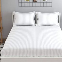 Bajo's White Striped 300 TC Queen Bedsheet with 2 Pillow Covers-image-27