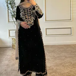 Aralia Floral Embroidered Round Neck Straight Georgette Kurta With Palazzos & Dupatta-image-18