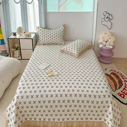 JC HOME Cream-Coloured & Black Printed 162 TC Double Bed Queen Cover With Pillow Covers-image-12