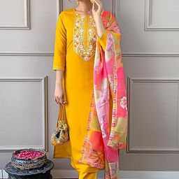 BAESD Women Ethnic Motifs Embroidered Regular Sequinned Kurta with Trousers & With Dupatta-16