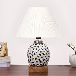 Devansh Off White & Blue Textured Wooden Frustum Shaped Table Lamp With Mosaic Glass Base-5