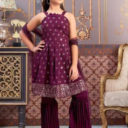 BAESD Girls Floral Embroidered Sequnnied Georgette Anarlkali Kurta With Sharara & Dupatta-image-86