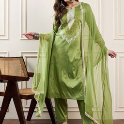 House of Pataudi Floral Embroidered Notch-Neck Straight Kurta With Trousers And Dupatta-51