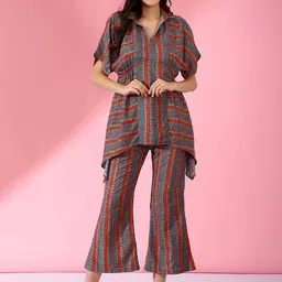 House of Kaftan Printed Collared Neck Short Sleeve Tunic With Trouser Co-Ords-picture-36