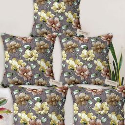 Blue Grass Brown & Yellow 5 Pieces Floral Velvet Square Cushion Covers-image-81