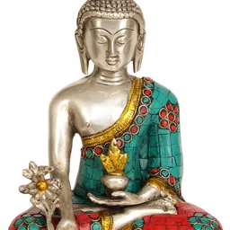 Exotic India Silver-Toned & Blue Buddha Idol Showpiece-image-91