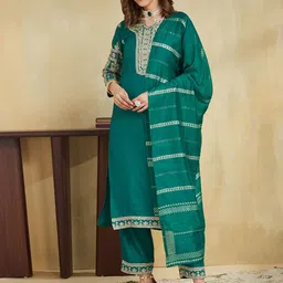 KALINI Ethnic Motifs Embroidered Notch Neck Straight Kurta with Trousers And Dupatta-image-41