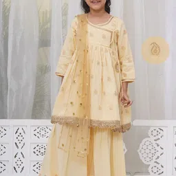 Little Bansi Girls Ethnic Motifs Embroidered Regular Sequinned Pure Cotton Kurta with Sharara & With Dupatta-picture-18