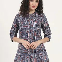 KALINI Floral Print Mandarin Collar Roll-Up Sleeves Cotton Top-picture-5