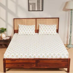Fabindia White & Yellow Floral 180 TC Cotton Double Queen Bedsheet Set 2.35 m x 2.6 m-picture-22