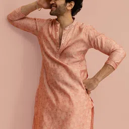 KISAH Men Floral Embroidered Mirror Work Cotton Straight Kurta-image-97