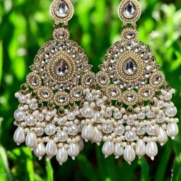Anouk Gold-Plated Artificial Stones Studded & Beaded Floral Shaped Drop Earrings-4