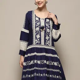 Biba Ethnic Motifs Print Tie-Up Neck A-Line Dress-image-23