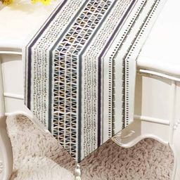 STITCHNEST Beige & Grey Printed Tasseled TableRunner-image-43