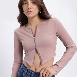 glitchez Ribbed Crop Fitted-Style Zip-Up Asymmetric Hem Top-image-91