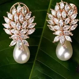 OPUS GEMS Brass-Plated Zircon Studded & Artificial Beaded Teardrop Shaped Studs-picture-23