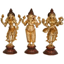 Exotic India Gold-Toned 3 Pieces Lord Ganesha Saraswati Religious Brass Idol Showpieces-image-73