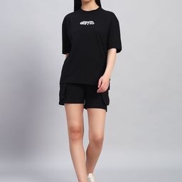 GRIFFEL Printed Oversized-Fit Pure Cotton T-Shirt & Shorts Co-Ord Set-image-85