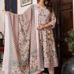 Indo Era Women Floral Printed Regular Beads and Stones Pure Cotton Kurta with Trousers & With Dupatta-13