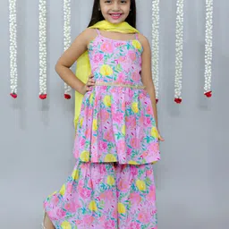 Ka-mee Girls Floral Printed Pleated Pure Cotton Kurta with Sharara & With Dupatta-image-19