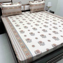 Pure Decor Royal Passion Beige Floral Pure Cotton 250 TC Queen Bedsheet Set-2.29m x 2.55 m-image-31