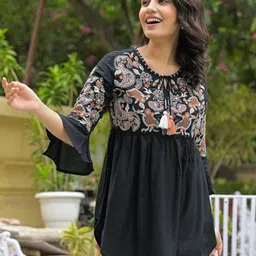 Divena Embroidered Tie-Up Neck Bell Sleeve Peplum Top-picture-50