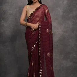 DIVASTRI Floral Mirror Work Poly Georgette Saree-picture-16