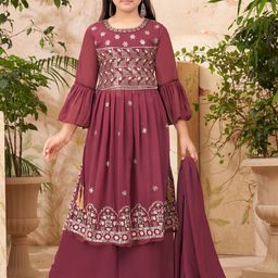 Sangria Girls Floral Embroidered Sequinned Georgette A-Line Kurta With Sharara & Dupatta-image-50