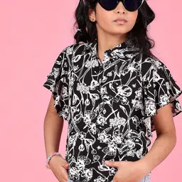 V-Mart Girl Floral Print Monochrome Flutter Sleeve Cotton Shirt Style Top-15