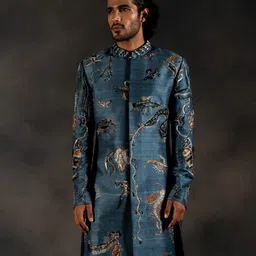 HILO DESIGN EmbroideredOceanic Depths Sherwani Set-image-86