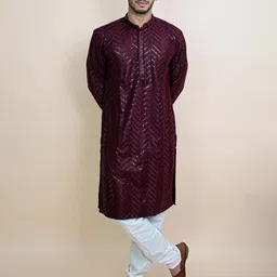 KUNDALI KAKSHAY Geometric Embroidered Sequinned Mandarin Collar Straight Kurta-image-65