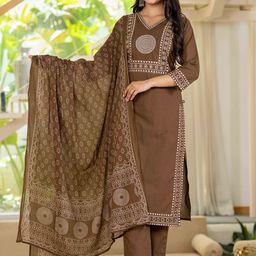 Pistaa Bandhani Yoke Design V-Neck Pure Cotton Straight Kurta With Trousers & Dupatta-picture-22