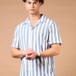 V-Mart Men Cuban Collar Vertical Striped Cotton Casual Shirt-picture-1