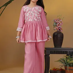 BAESD Girls Floral Yoke Design Pleated Thread Work A-Line Kurta With Palazzos-54