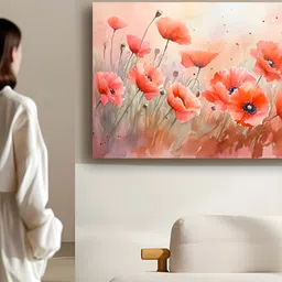 Artsense Peach Coloured & Green Floral Printed Canvas Wall Art-7