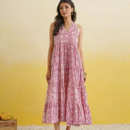 GOODHAND Women Floral Printed Halter Neck A-Line Midi Dress-image-15