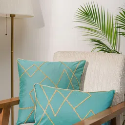India Circus by Krsnaa Mehta Teal & Gold-Toned Cotton Silk Rectangle Cushion Covers-image-66