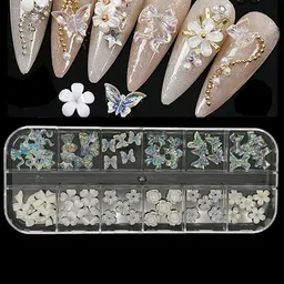 Ekinsu Set Of 12 Grid Bow & Flower Nail Art Accessories-50