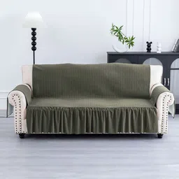 RUBOXA Green Solid Velvet 1 Piece Sofa Cover With Arms-15