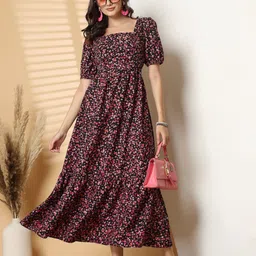 RAASSIO Floral Print Puff Sleeve Crepe Maxi Dress-image-3