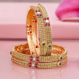 Rubans Set of 4 22K Gold-Plated Bangles with Ruby & Emerald Accents and Kundan Detailing-22