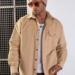 MASCLN SASSAFRAS Men Spread Collar Solid Corduroy Oversized Casual Shirt-image-88