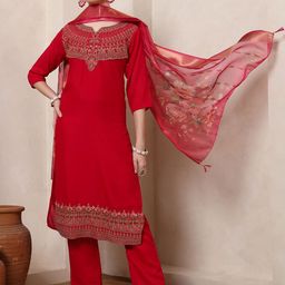 DIVASTRI Floral Embroidered Notch Neck Sequinned Straight Kurta With Trousers & Dupatta-image-65
