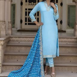 Navlik Women Leheriya Yoke Design Regular Beads and Stones Kurta with Trousers & With Dupatta-image-45