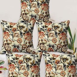 Blue Grass Orange & Green 5 Pieces Floral Printed Satin Square Cushion Covers-image-44
