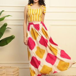 DEEBACO Printed Diamond Gathered Flared Maxi Skirt-15