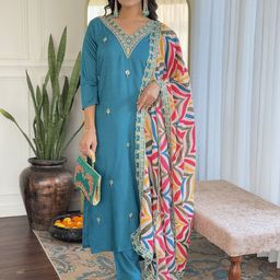 HERE&NOW Floral Embroidered V-Neck Thread Work Straight Kurta With Trousers & Dupatta-11
