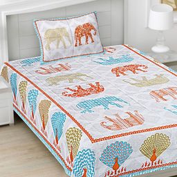 FrionKandy Living Blue & Orange Ethnic Motifs 180 TC Single Bedsheet with 1 Pillow Covers-image-102