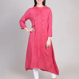 DELIS Floral Embroidered Mandarin Collar Mirror Work A-Line Kurta-image-45